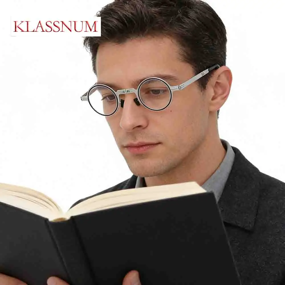 KLASSNUM Men Round Frame Folding Reading Glasses Glasses for Sight Plus Farsightedness with Case Anti-blue Light Eyeglasses