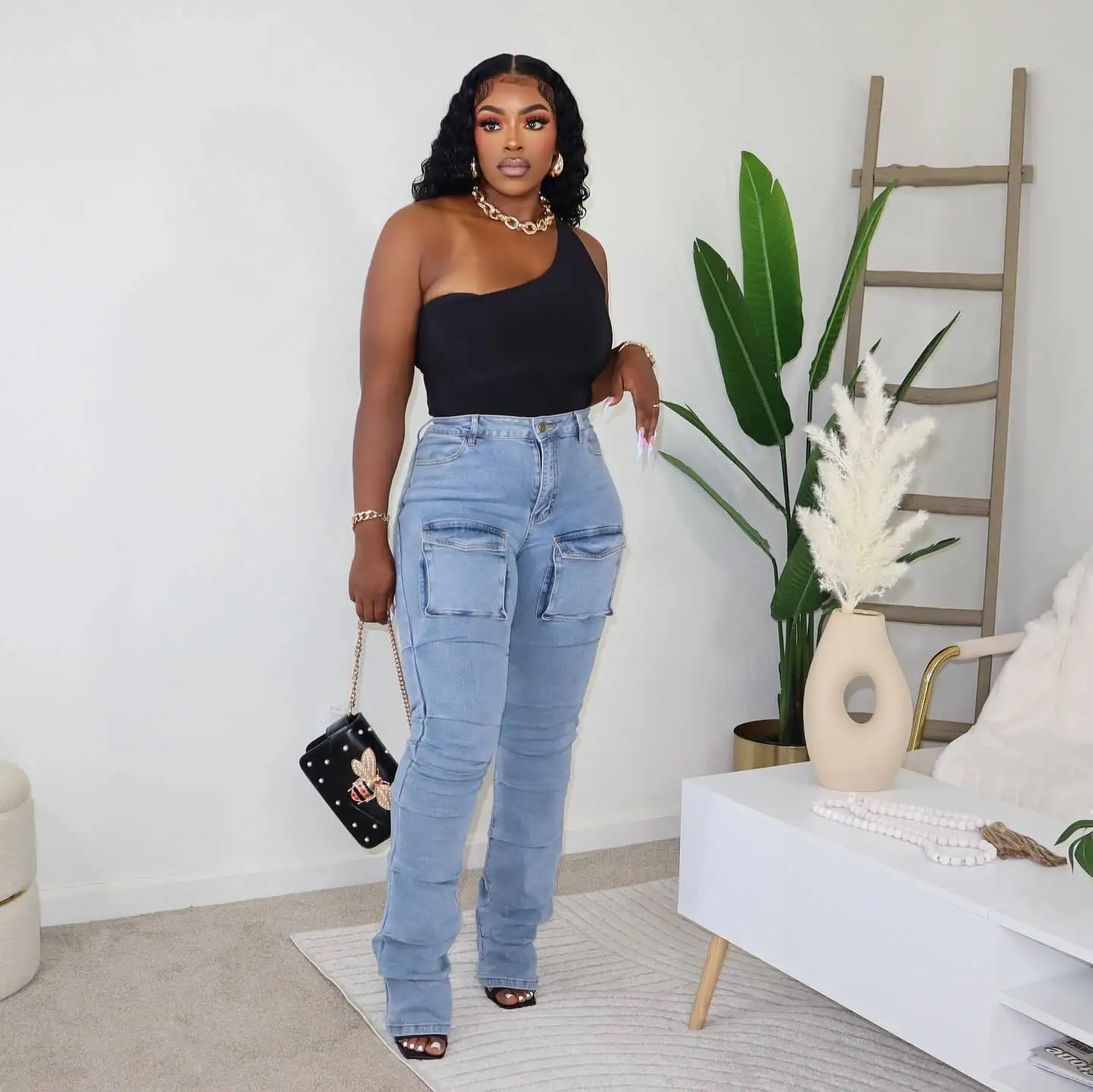 

Women's Jeans.European American 2025 Summer New Street Trendsetter Three-dimensional Multiple Pockets Stretch Denim Skinny Pants