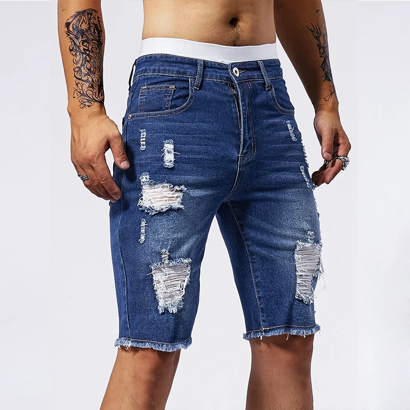 Vintage Denim Shorts Men\'s American Stretch Slim Jeans Fashion Ripped Streetwear Male Hole Frayed Short Pants Blue Black