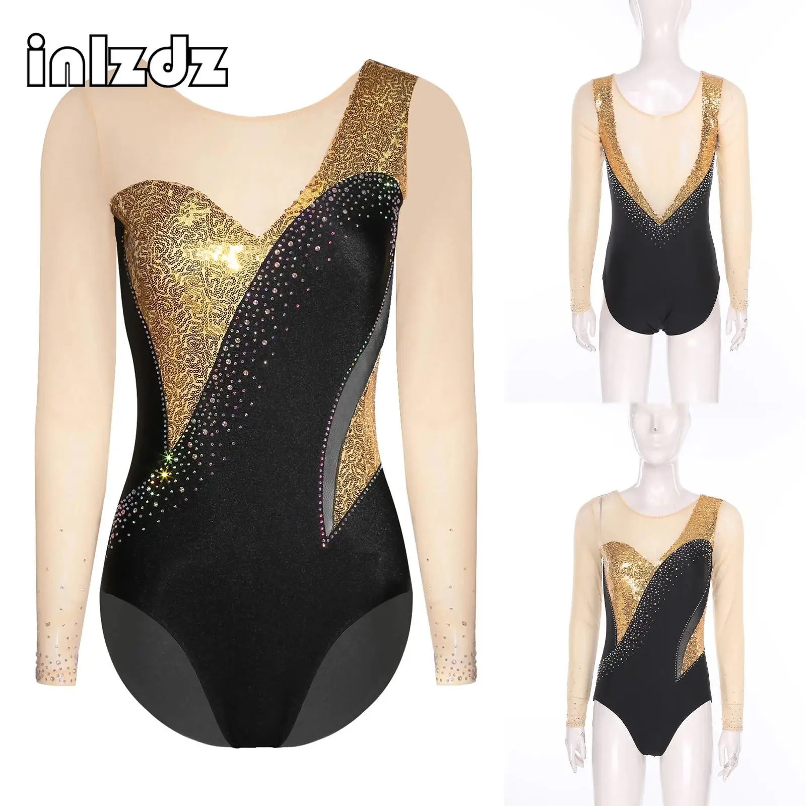 Justaucorps de danse en maille transparente pour femmes, paillettes brillantes, manches longues, bloc de couleur, body de gymnastique pour spectacle de danse de patinage de Ballet