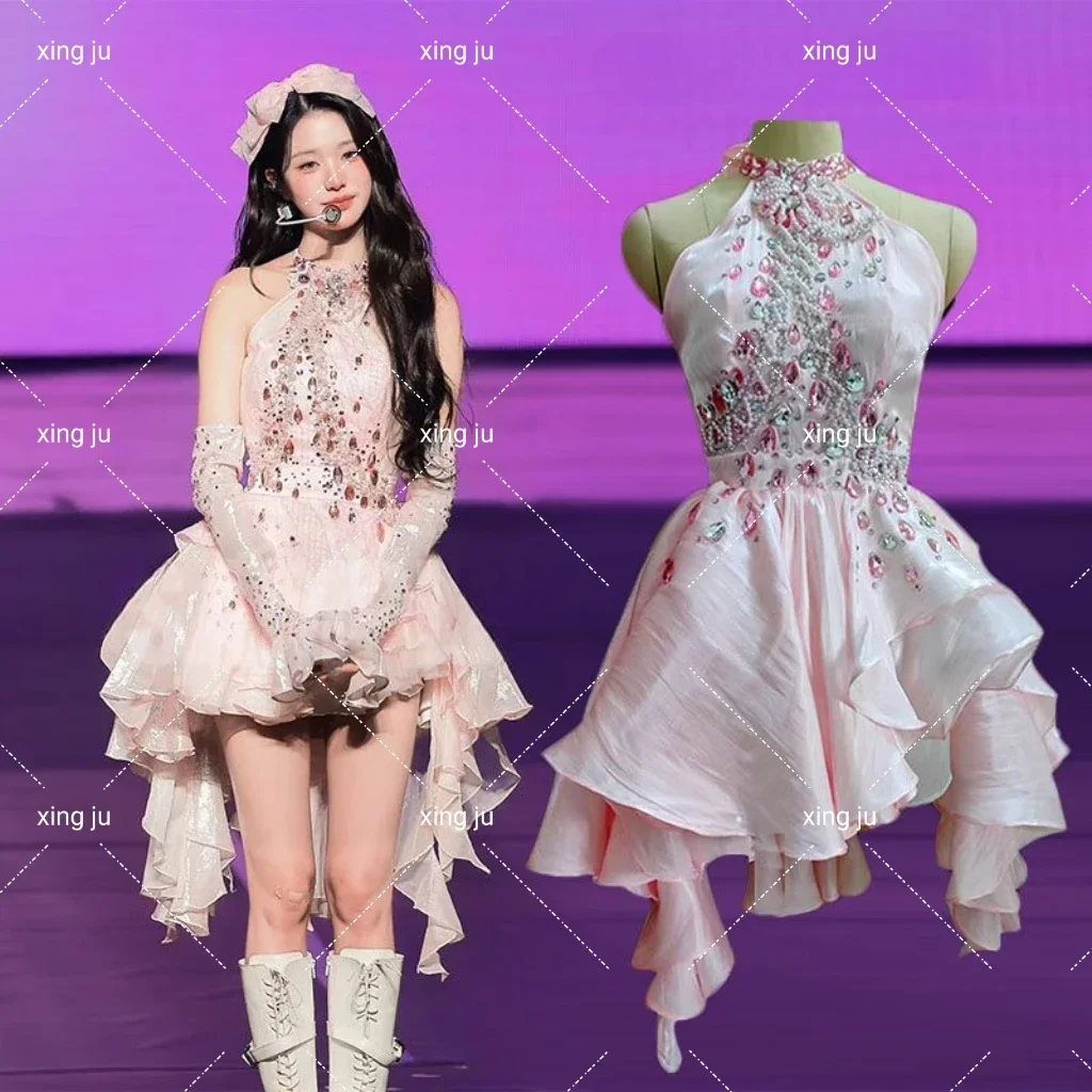 

Women'S Kpop Festivals Outfit Singer Pink Rhinestone Halter Dress Jazz Dance Costume Female Nightclub Dj Wear Stage Rave Clothes