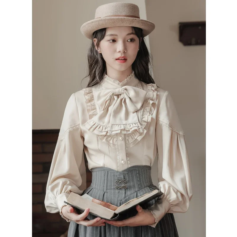 French Vintage Court Style Bow Long-Sleeved Shirts Top 2024 Autumn New Fashion Round Neck Elegant Slim-fit Blouse Vests Skirts