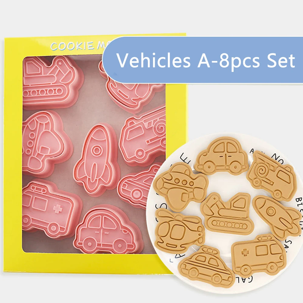 8Pcs Cookie Cutter Set 3D Vehicle Shape Cookie Mold Plastic Biscuit Embosser Stamp Boy Diy Kitchen Baking Accessories Tools