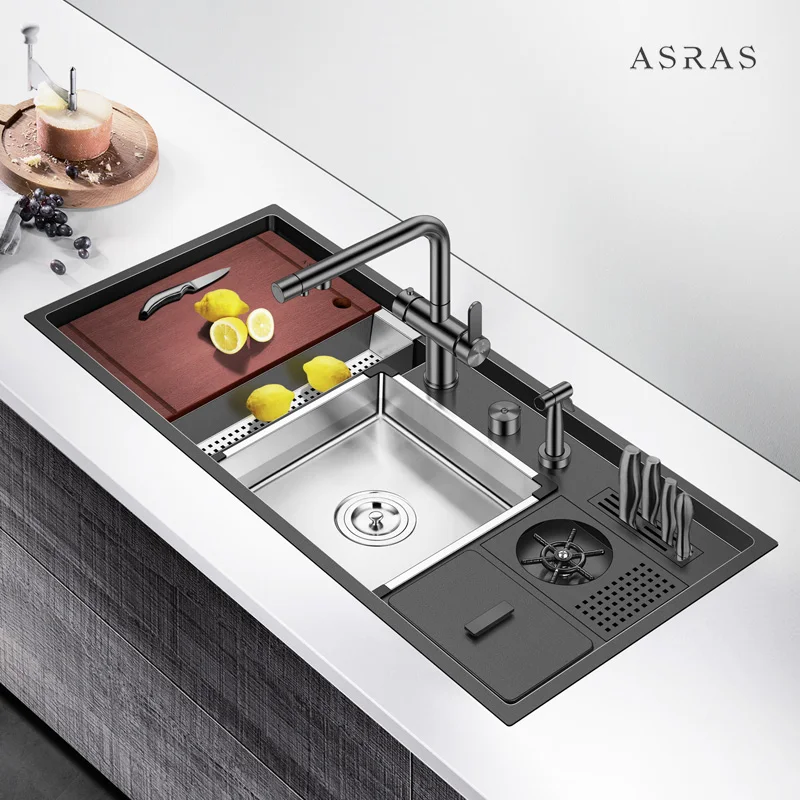 배수 쓰레기통이 있는 컵 세탁기가 있는 단일 대형 계단식 세면대 모델 10547NX 수제 주방 싱크대