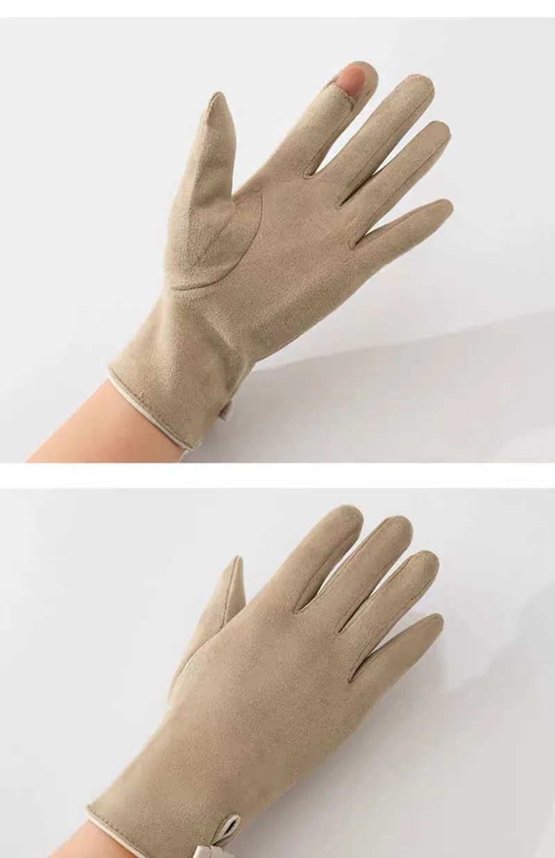 Fahion Suede Leather Bow Thicken Touch Screen Driving Warm Gloves For Sports Winter Outdoor Plus Velvet Cold Protection Women's