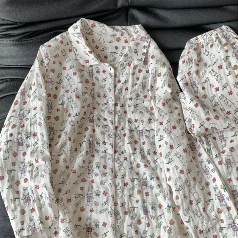 

Женский комплект брюк с длинными рукавами, 2 шт., пижамный костюм с кавайным принтом кролика, двухслойная пряжа из 100% хлопка, одежда для сна, домашняя одежда