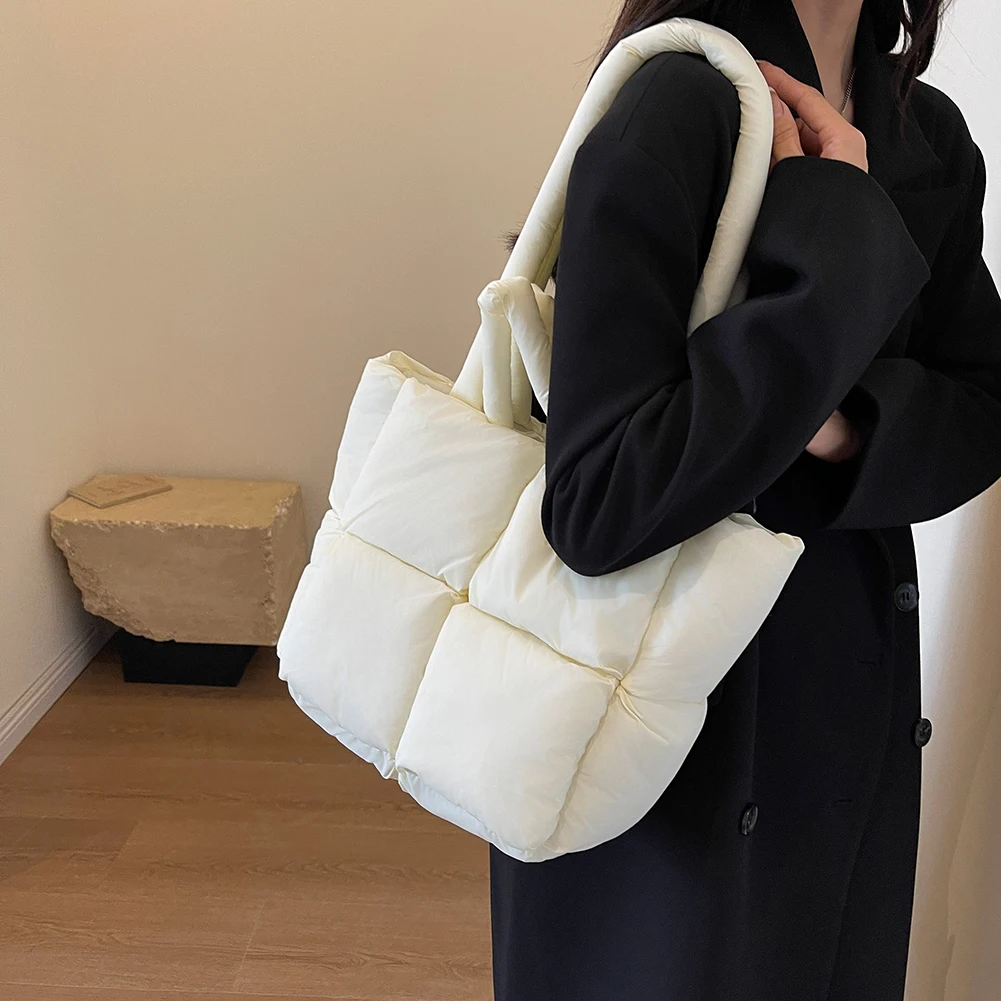 Women Quilted Puffer Tote Bag Lightweight Padded Shoulder Bag Versatile Underarm Bag Soft Satchel Bag Winter Large Handbag