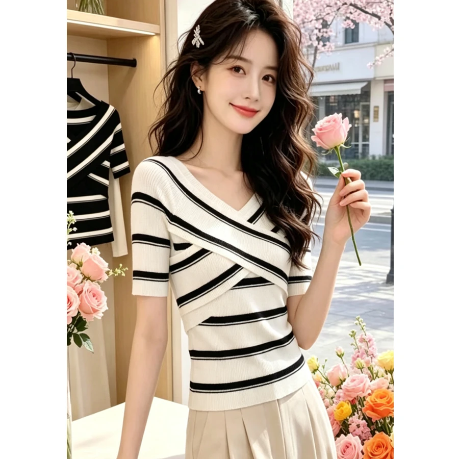 Sweaters for Women Trendy Tops Casual Striped Cross-Needled T-Shirt Cute Tunic Pullover Top