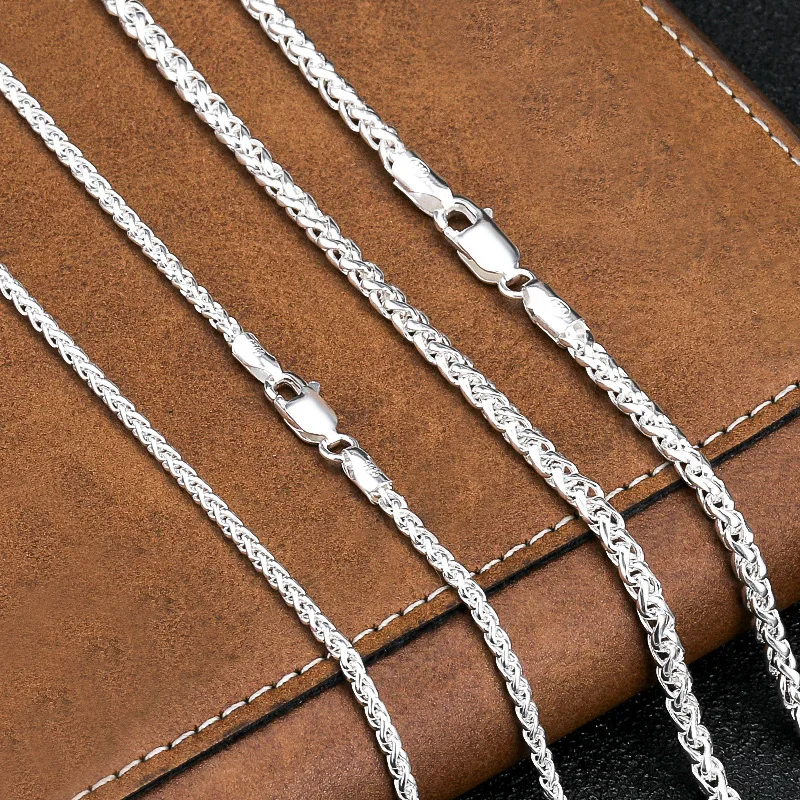 Genuine S925 Sterling Silver Necklaces for Women Men New Fashion 2mm 3mm Bright Weaven Rope-chain Punk Jewelry