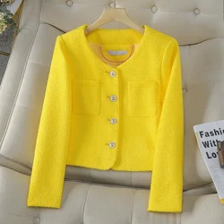 NewKorean Fashion Small Fragrance Tweed Jacket Women Elegant O Neck Short Blazer Coat Autumn Single Breasted Office Lady Outwear