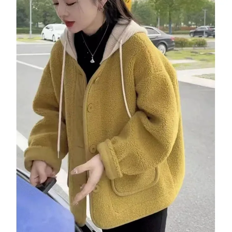 Women's Thiened Lamb Fur Coat Autumn Winter New Sle Loose Slimming Small Size Versatile Long Sve Hooded Jaet