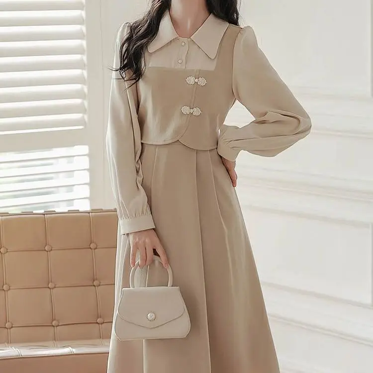 Large Size Premium Retro Style Chinese Two-piece Spliced Long Sleeved Dress New Slimming French Dress for Women