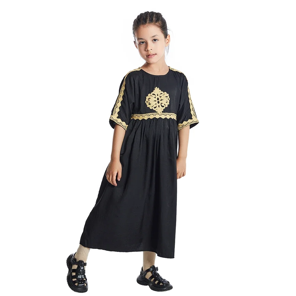 Child Muslim Kids Girls Short Sleeve Long Maxi Dress Turkey Kaftan Prayer Lace Islam Arab Dubai Robe Holiday Party Gown Ramadan