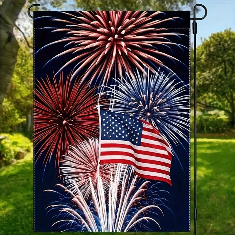 1pc Independence Day Garden Flag - Firework & American Flag Pattern, 12×18 Inch, Ideal for Outdoor Independence Day Decor & Patriotic Display