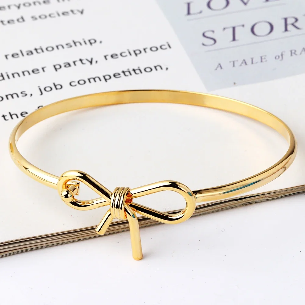 Waterproof 18k Gold Plated Cute Romantic Bow Knot Shaped Bangle Bracelet Charm Statement Anti Allergic Jewelry