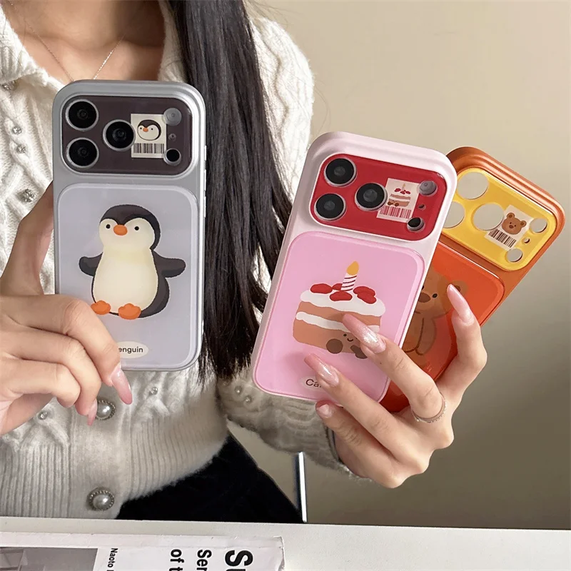 

Cute Cartoon Penguin Bear Cake Phone Case For iPhone 17 16 15 14 Pro Max Large Window Shockproof Protective Cover