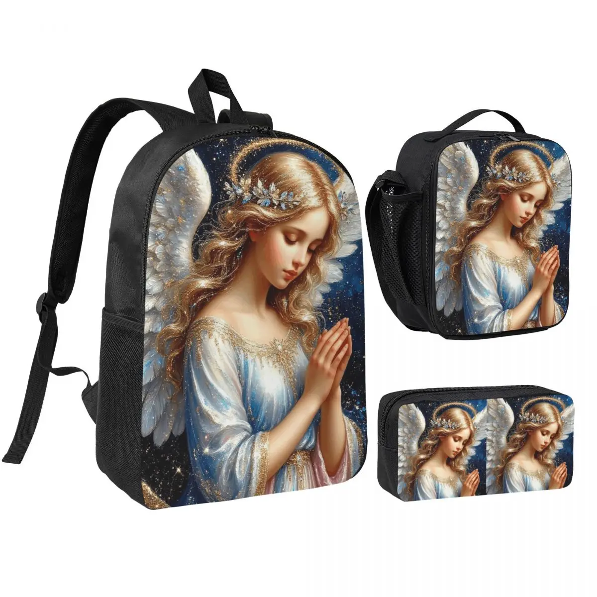 Lovely Angel Wishing Pattern Backpack Student BookBag School Bag Shoulder Bags 3ps Insulated Lunch Bag Pencil Case