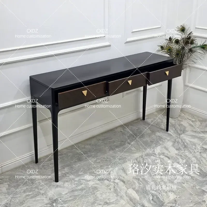 American Country Solid Wood Porch Table Black Long Console Table with Three Drawers Metal Handle Modern Simple Decorative