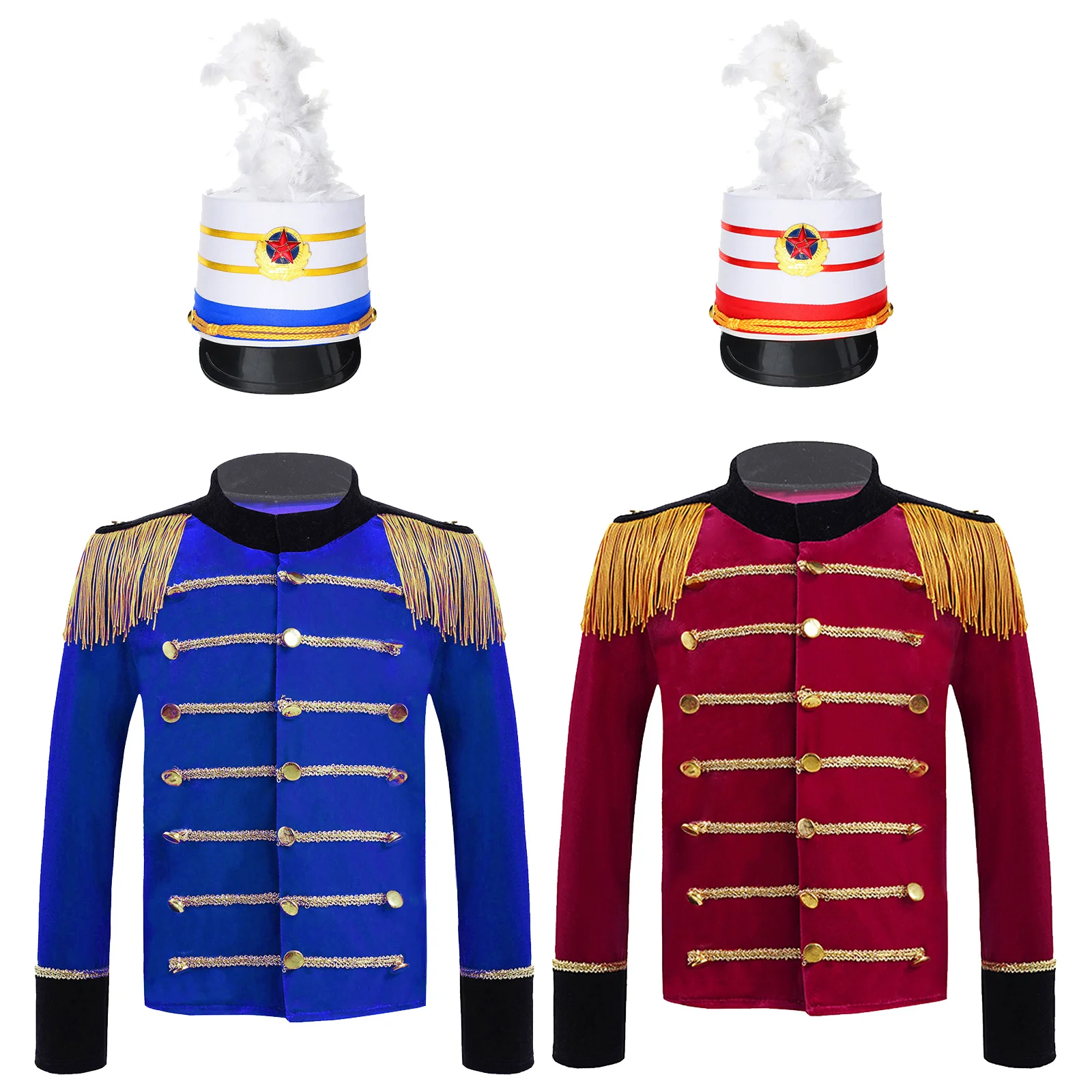 

Kids Boys Drum Trumpet Team Honor Guard Uniform Long Sleeve Tassels Shoulder Jacket Tops+Feathers Decor Hat Set For Performance