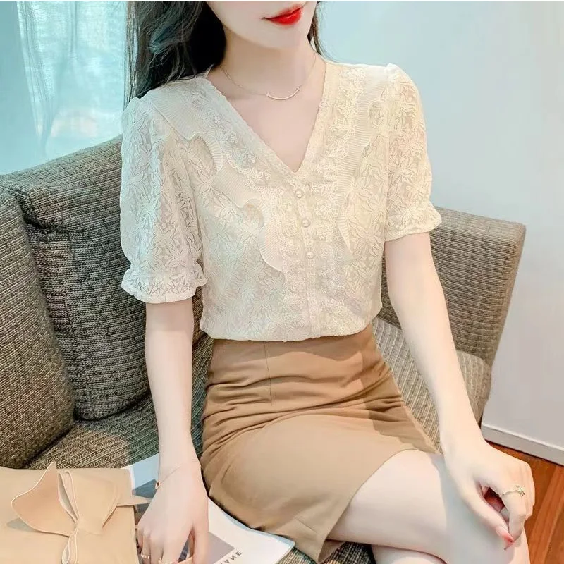 2024 New Summer Sexy Elegant Fashion Harajuku Retro Office Lady Women\'s Shirt Korean Style Button V Neck Short Sleeve Y2K Tops