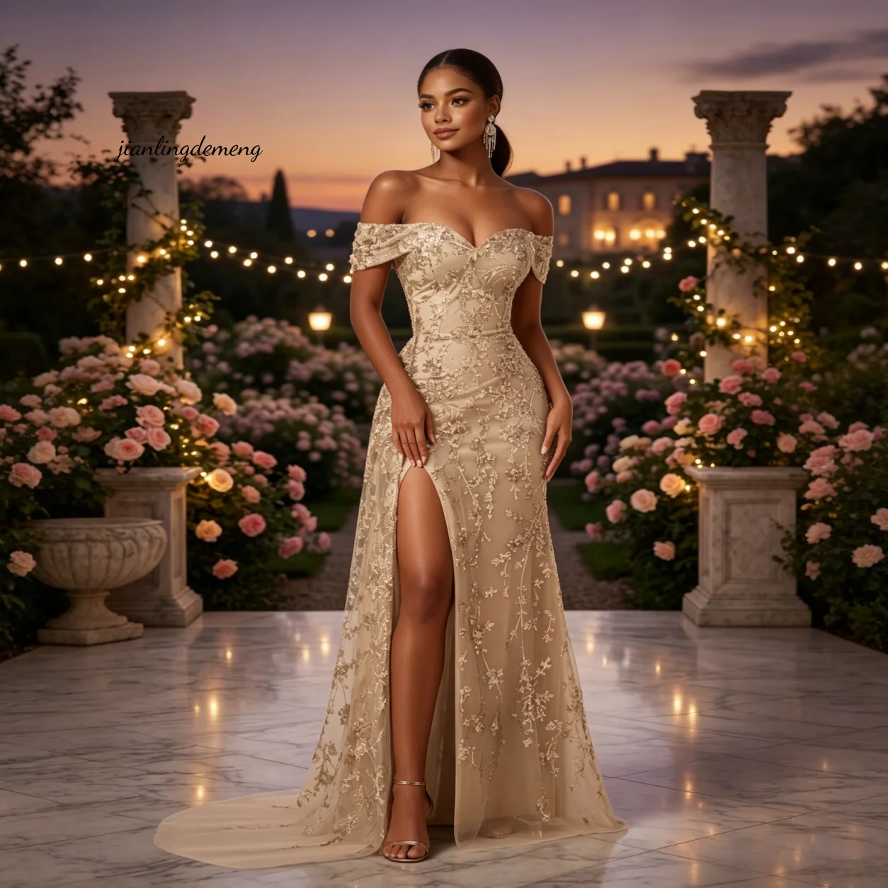 Vintage Boho Champagne Lace Mermaid Bridal Gown Sweetheart Off Shoulder High Slit Train Destination Garden Wedding Customized