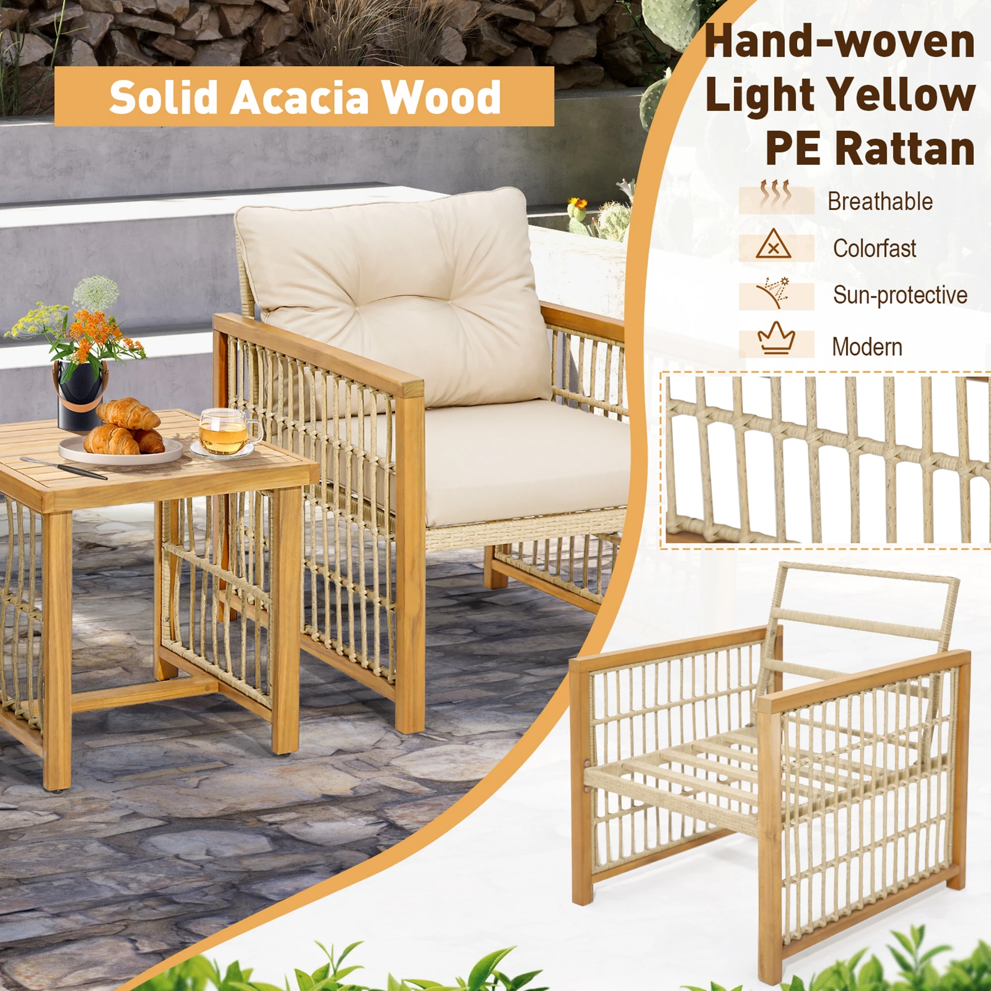 Conjunto de mimbre de PE para Patio, marco de madera de Acacia con cojines de asiento y respaldo, 3 piezas