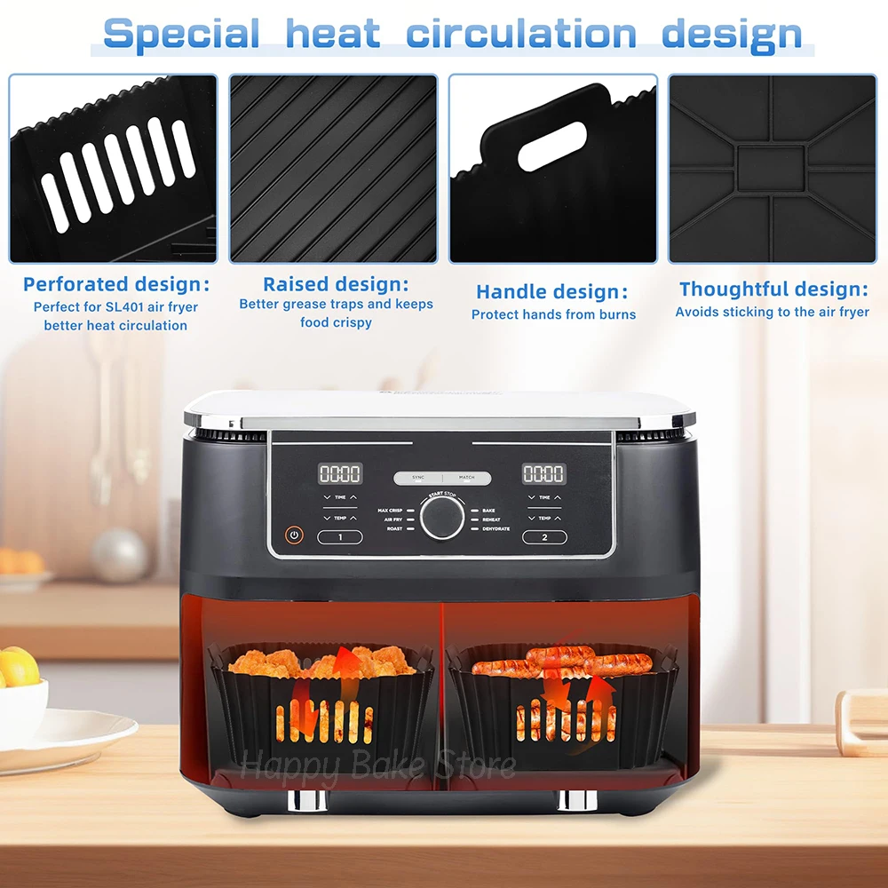 2PCS Silicone Air Fryer Liners, Non-stick Reusable Air Fryer Basket, Oven Baking Container Tray, for Ninja Sl401 Double Stack