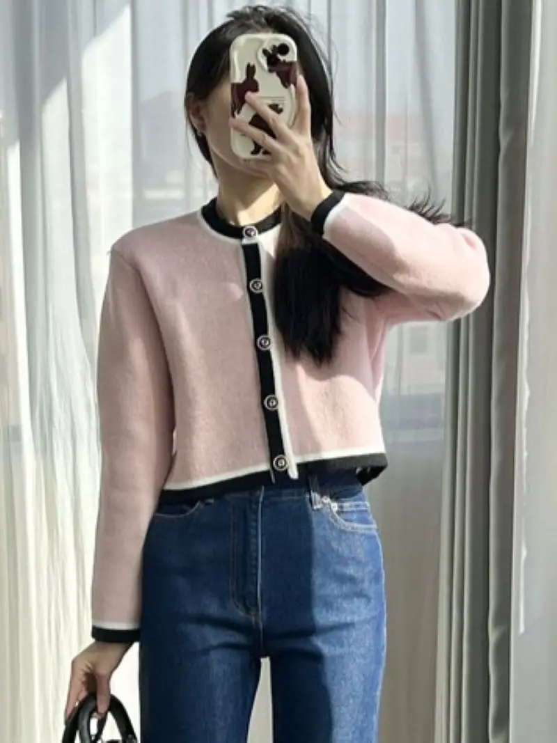 Women Pink Knit Cardigan Color Contrast O-Neck Long Sleeve Single Breasted Casual Spring 2024 Knitted Sweater