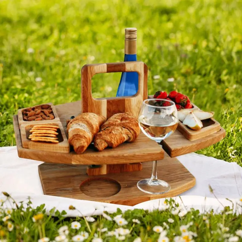 Wooden Folding Picnic Table Outdoor Wine Picnic Table Outdoor Beach Bar Table Snack And Cheese Tray With 2 Wine Glasses Holder