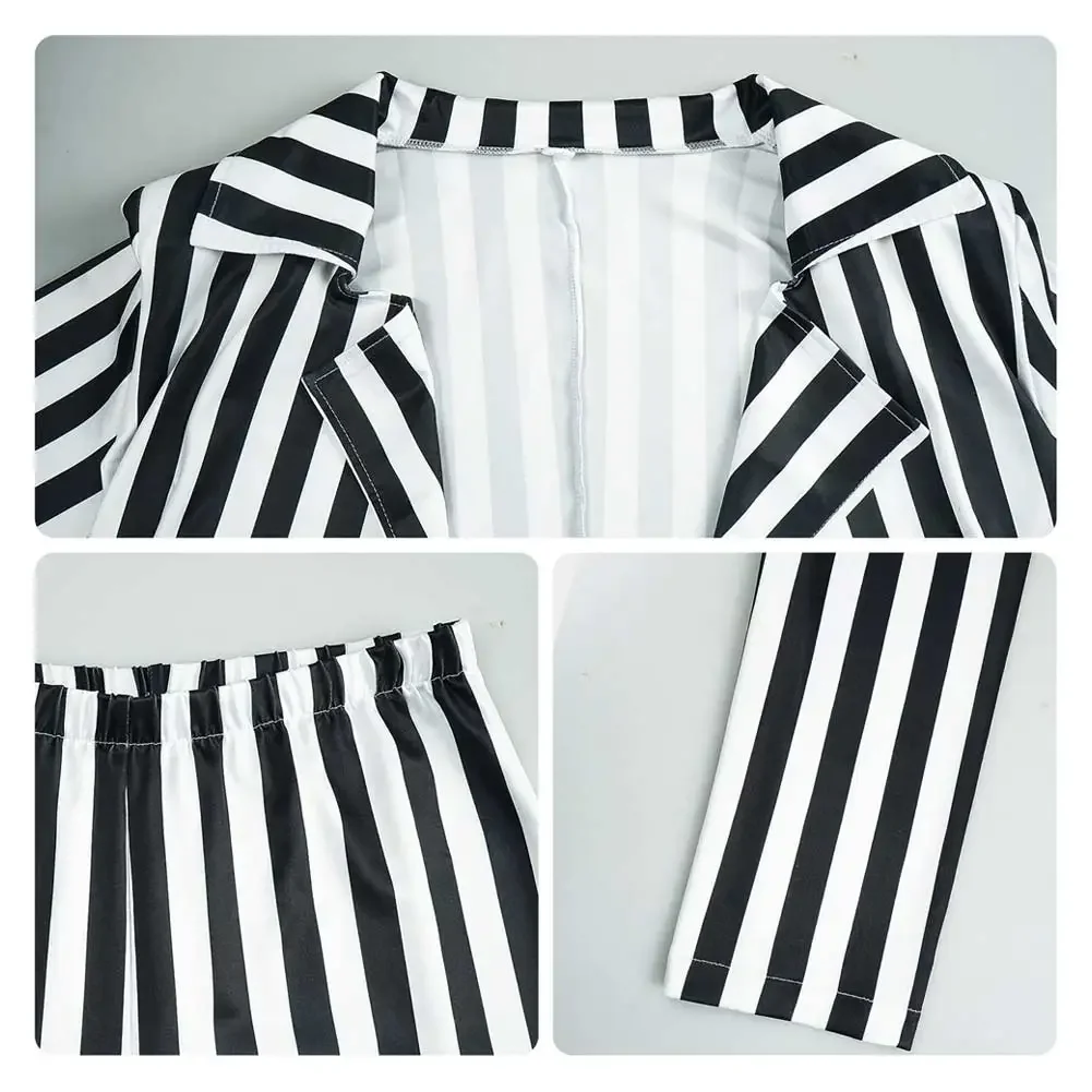 Adult Women Halloween Horror Scray Cosplay Role Play Black White Vertical Stripes Suit Stage Costume Fantasy Outfits