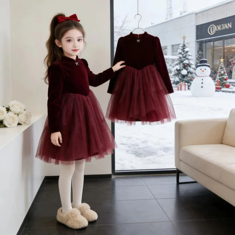 

Girls Velvet Dress Autumn Winter New Children's Formal Dress Winter Outfit Girl Mesh Princess Dress Stylish