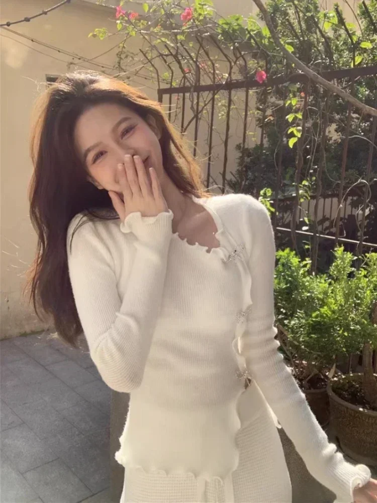 

Temperament Jumper Knitwear Pullovers Women Clothing Pull Femme Bow Split Ruffles Knit Sweater Tops Chic Irregular Sueter Mujer