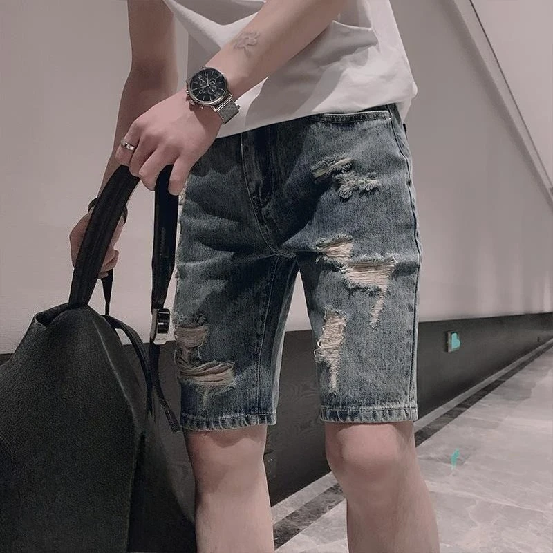 

2026 Trendy Men's Denim Shorts for Summer Slim Fit Ripped distressed Design Five-Point Shorts Thin Comfort
