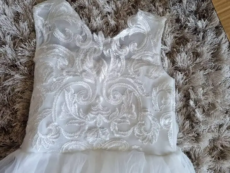 Lace Embroidery Transparent Sleeves Flower Girl Dress with Big Bow At The Back,Birthday Party Dance Dress,Communion Formal Dress