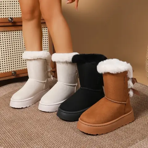 Botas de nieve cálidas de diseñador de marca de lujo para mujer, botas de tacón plano con lazo de invierno, zapatos de algodón antideslizantes para mujer, botas cálidas para exteriores para mujer