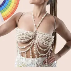 Beachapche Hand-woven Pearl Hollow Tassel Metal Chain Adjustment Tight Bra Sexy Girl Pool Cocktail Party Top