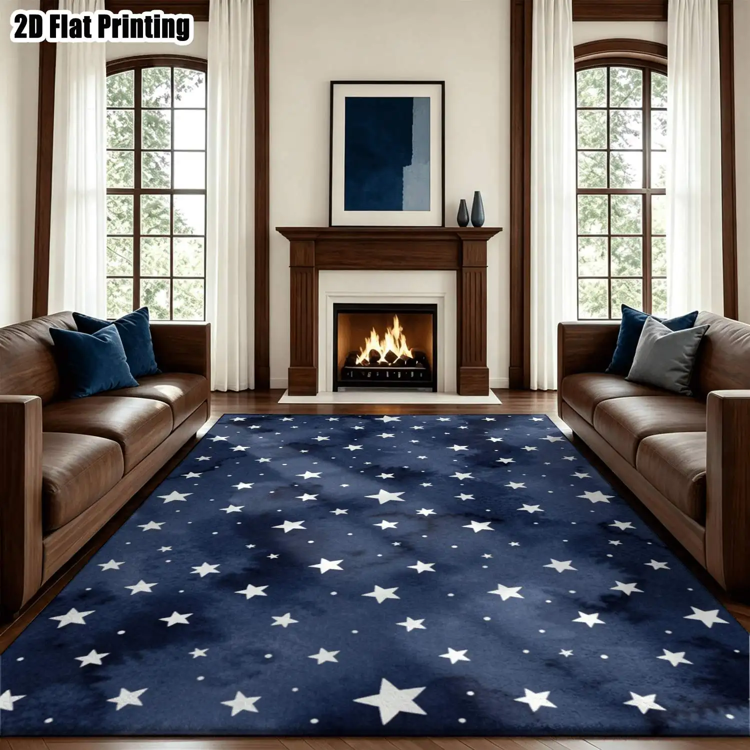 1Pc 2D Printed Navy Blue White Star Pattern Nordic/Instagram Style Machine Washable Carpet Mat for Multiple Scenes