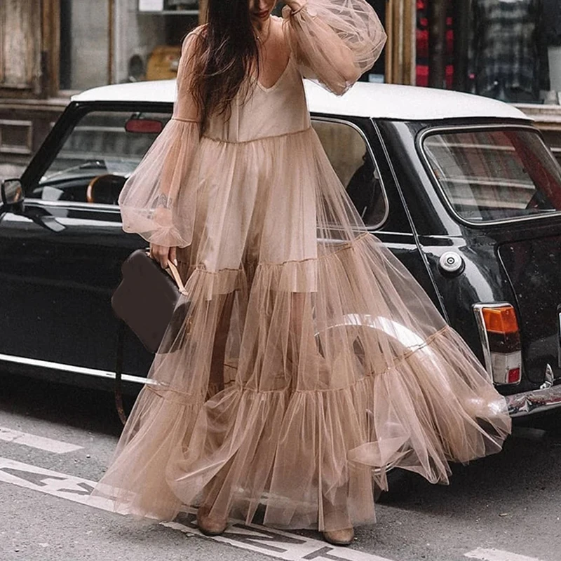 Robe longue à doublure transparente pour femme, couleur unie, rétro, ample, pull en maille, élégante, manches lanternes, col en v, robe de soirée, printemps 2025