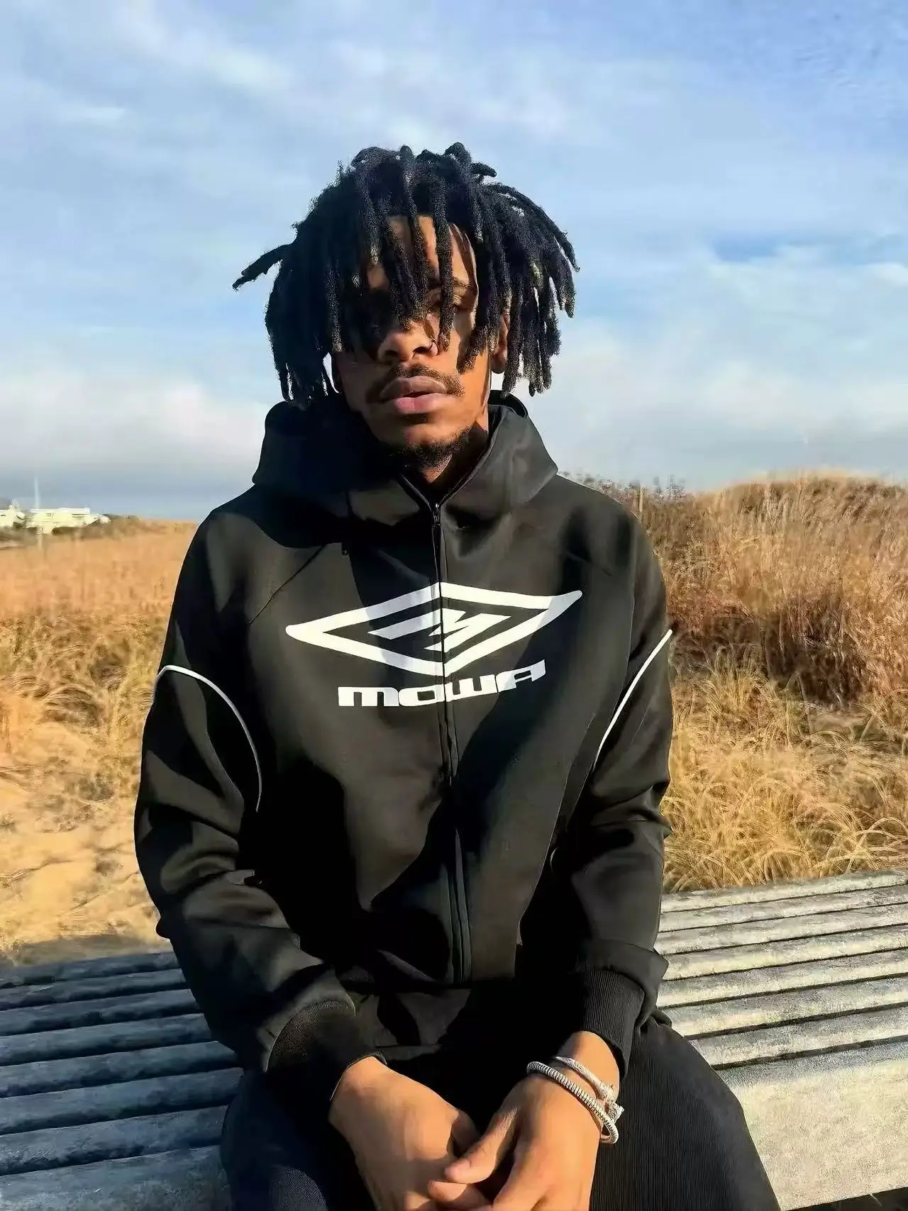 

Mowa 24ss Bla Zipper Hooded Open Cardigan Con Exclusive MOWA Slogan Casual Loose Fit Long Sve ex Sweatirt