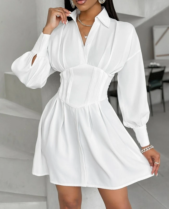 New Fashion 2024 Summer Casual Sexy Dresses for Women Elegant Turn-Down Collar Ruched Shirt Dress Female Clothing Outfits