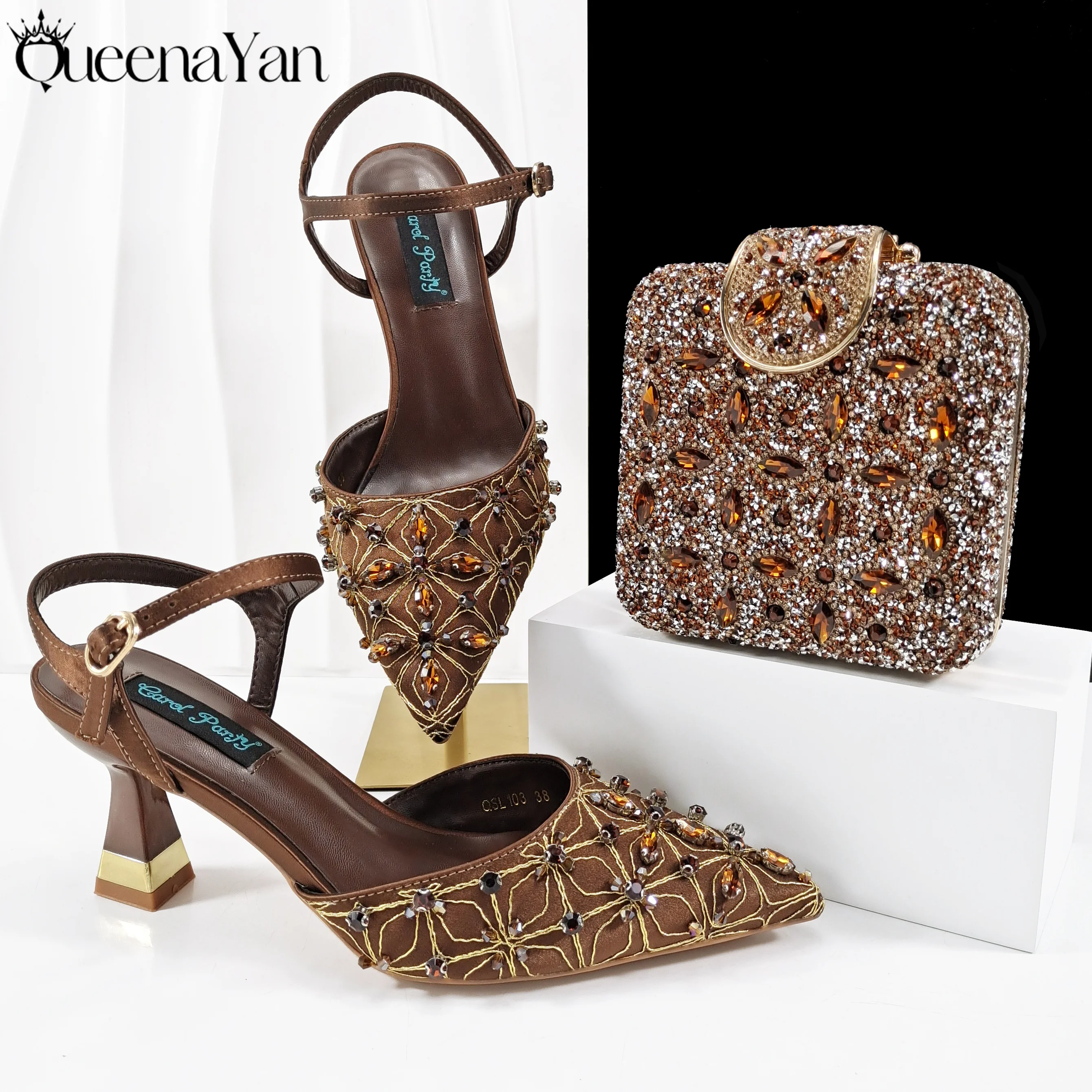 

Newest Colorful Rhinestone of various shapes Design Elegant Mature Style Party Wedding Lady Pointed Toe High Heels and Bag Set