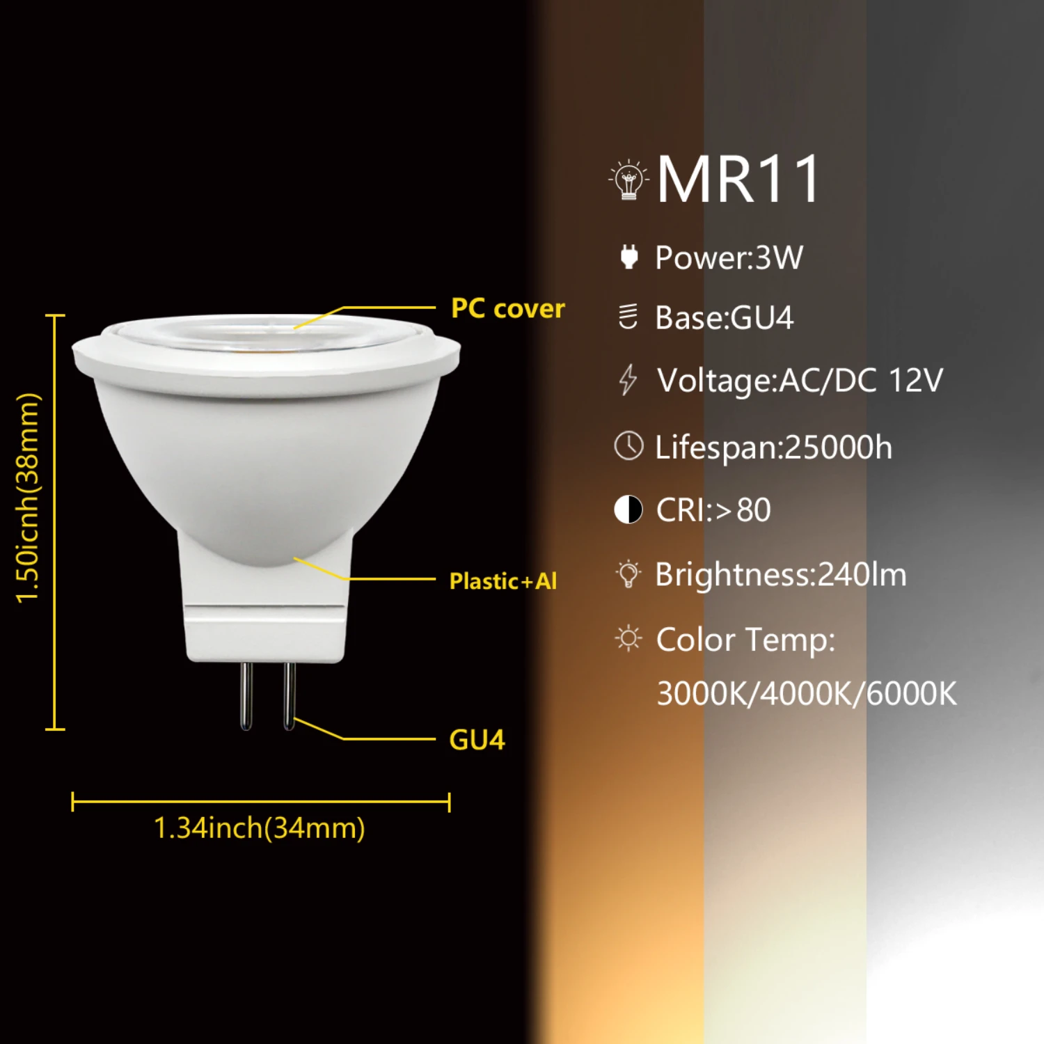 New Elegant Warm White MR11 GU4 LED Spotlight with AC/DC 12v 3w for Cozy Living Room Lighting - Energy Efficient Cold White COB