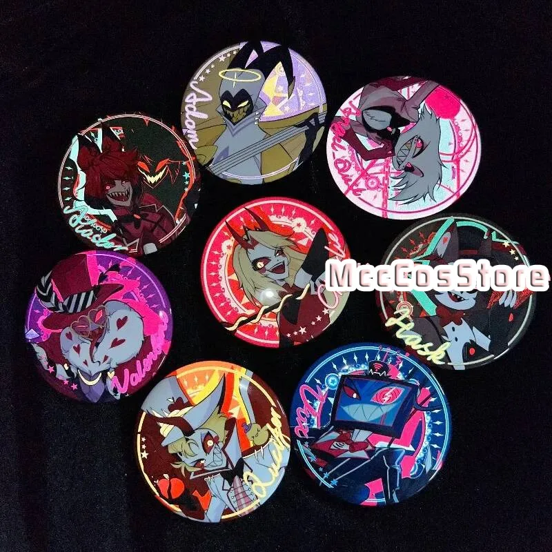 Hazbin Hotel Alastor Vox Lucifer Angel Dust Adam 75Mm Double Flash Badge Anime Postcard Cartoon Brooch Bag Decor Gift Cosplay view 5