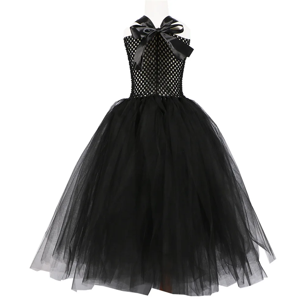 2026 Halloween Birthday Carnival Party Dark Black Outfits Girl Cosplay Evil Queen Black Mesh Princess With Wings Shawl Costume