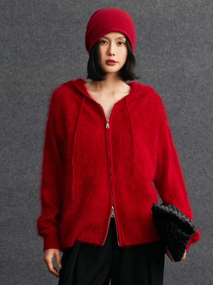 TLOML-suéter elegante de Cachemira de felpa para mujer, cárdigan con capucha y cremallera, abrigo cómodo de punto de Cachemira cepillado suave y cálido para otoño e invierno, 100%