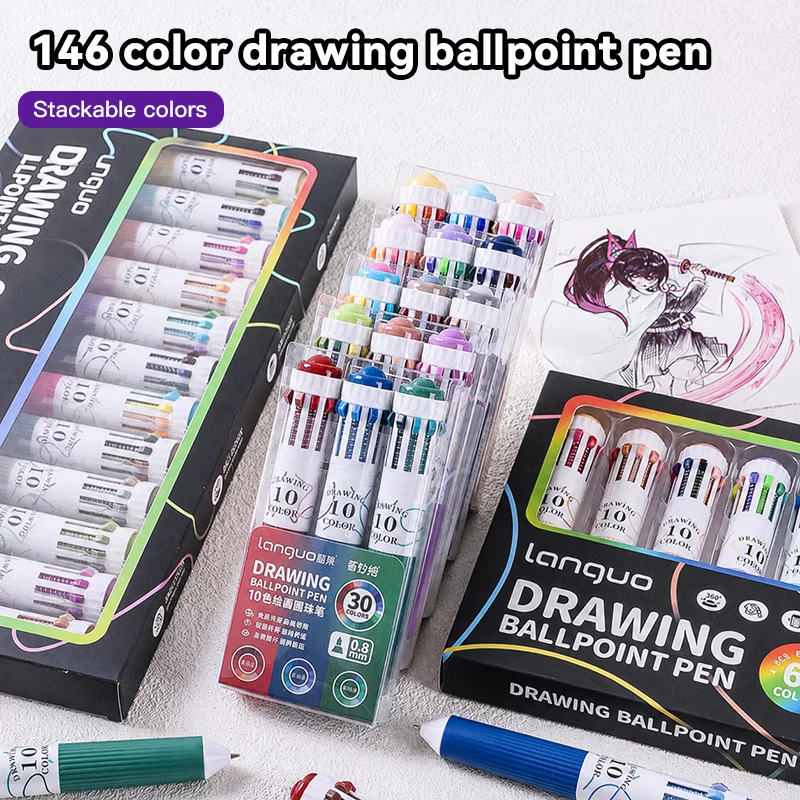 LANGUO 10-in-1 Colored Drawing Ballpoint Pen Set 146/28 Colors 0.8mm Multicolor Pen Hand Account Drawing Writing Retractable Pen