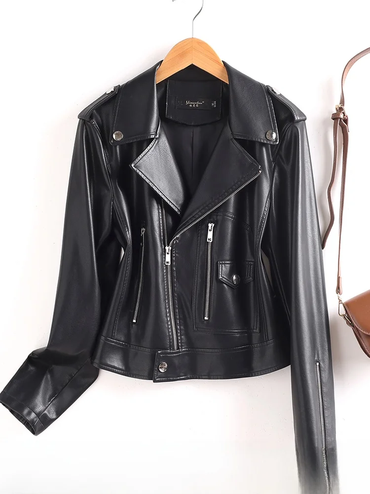 

Новая модная женская приталенная мотоциклетная куртка из натуральной овечьей кожи Haining для весны и осени