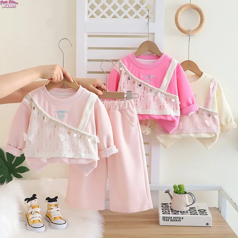 Children's Clothes Sets Girls Suit Autumn1-5Y Kids Shell Like Sequin Butterfly Vest Top and Pants 2Pcs