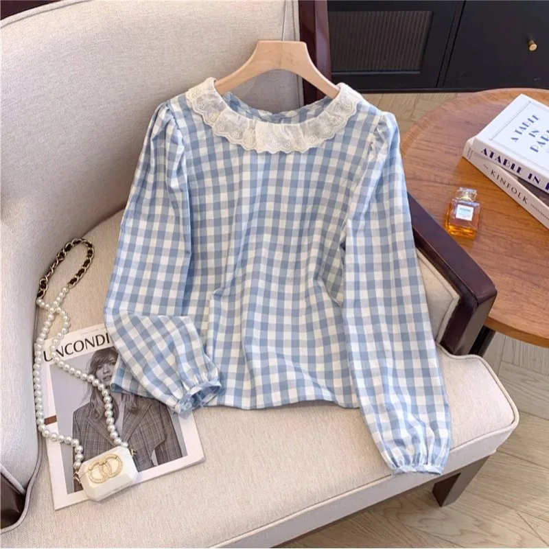 Femme Spring Summer Simplicity Sweet Young Style Women's Shirt Preppy Style Button Embroidered Color Blocking Long Sleeve Tops