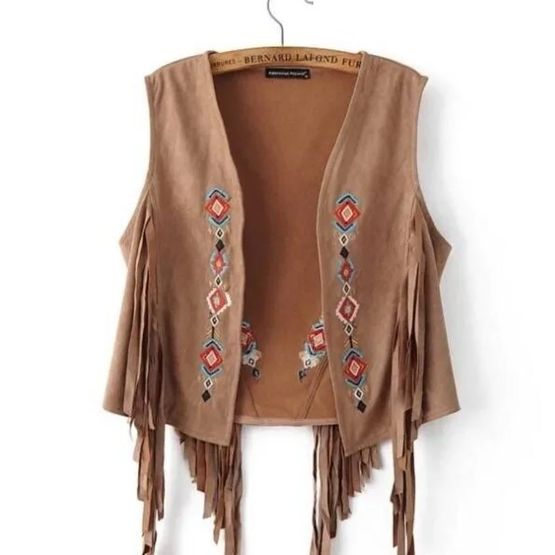 

2024 New Women's Summer Korean Fashion Loose Bohemian Vintage Solid Color V-Neck Spliced Sleeveless Tassel Embroidered Vest Tops